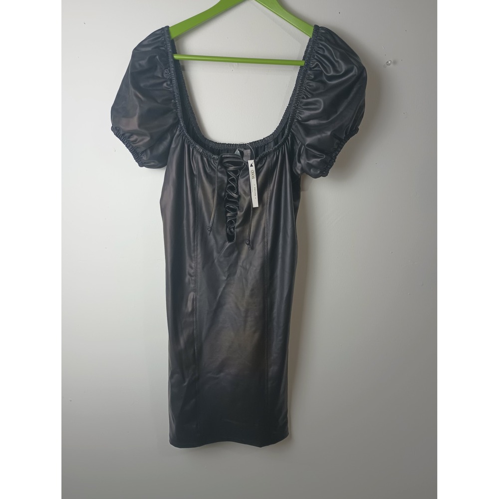 ASOS Petite Black Faux Leather Lace Up Puff Sleeve Mini Dress Size US 12 NWT
